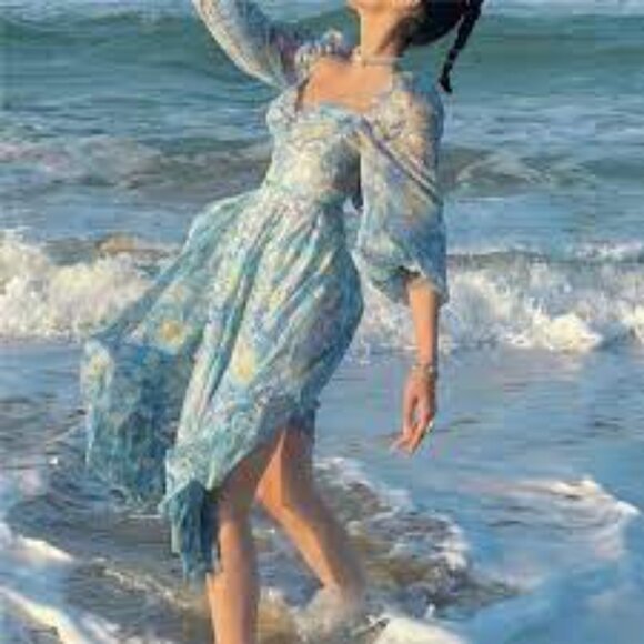 Lingshangfei Starry Night Long Fairy Asymmetrical Puff Sleeve  Dress Size Small - Picture 2 of 13